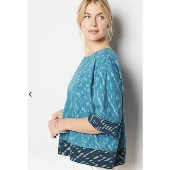 PURE J. JILL Ikat Boxy Top Blouse Medium Dragonfly Teal Color Block Relaxed Boho - Picture 6 of 11
